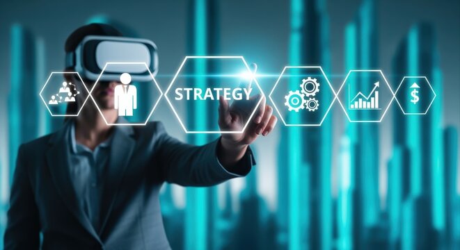 Businesswoman in VR Headset Touching Holographic Strategy Interface, Future of Work and Digital Transformation - Powered by Adobe