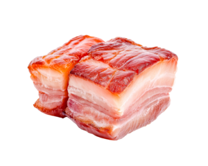 Savory Bacon A tantalizing close-up showcases a duo of expertly prepared bacon chunks. Its layered, marbled texture and appetizing hues hint at a rich, smoky flavor.