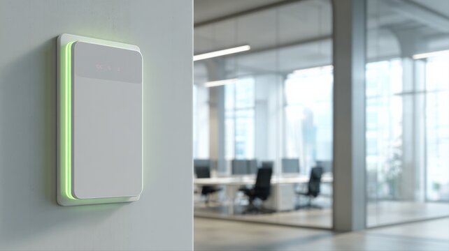 Smart Display Device Mounted on Office Wall with Modern Interior, Conference Room in Background