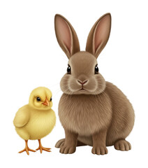 Cute rabbit and chick together springtime scene digital isolated on transparent background