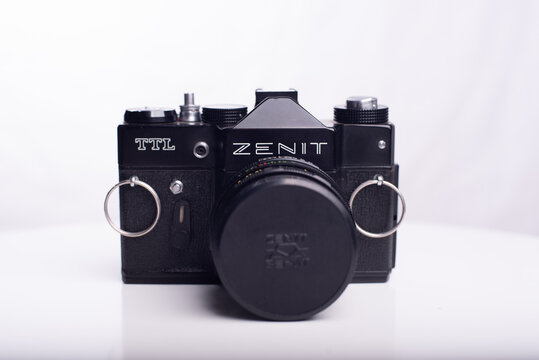 Barcelona, Catalonia, Spain: January 18, 2026  The Zenit TTL is a 35 mm single-lens reflex (SLR) camera manufactured in the Soviet Union by KMZ and BelOMO between 1977 and 1985. On a white background.