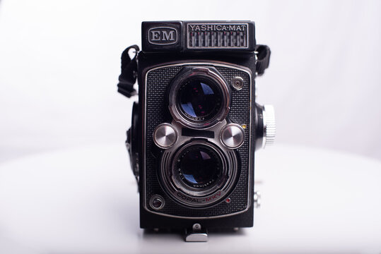 Barcelona, Catalonia, Spain: January 18, 2026  The Yashica Mat EM is a medium format twin-lens reflex (TLR) camera originally launched in 1964. On a white background.