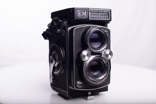Barcelona, Catalonia, Spain: January 18, 2026  The Yashica Mat EM is a medium format twin-lens reflex (TLR) camera originally launched in 1964. On a white background.
