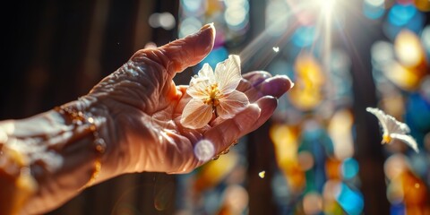 Senior woman holding white flower petals in sunlight, celebrating spring renewal and hope