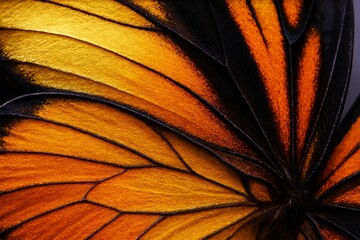 Close-up macro of detailed orange and black butterfly wing with vivid textures and natural light on dark background in abstract composition. Ai generative