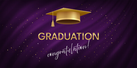 Graduation celebration banner. Golden academic cap and congratulation text on purple wavy curtains gold glitter. Elegant vector design for university, school graduation party or ceremony invitation.