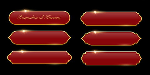 Ramadan frames. Islamic frames with gold borders shown as red decorative labels in traditional Arabian shapes. Set of banners for Ramadhan and oriental festive design. Luxury vector illustration.