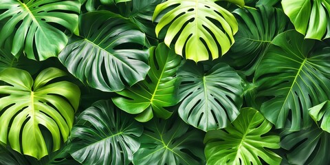 Fototapeta premium Lush and Vibrant Monstera Leaves on a Rich Green Background, Perfect for Nature and Botanical Themes