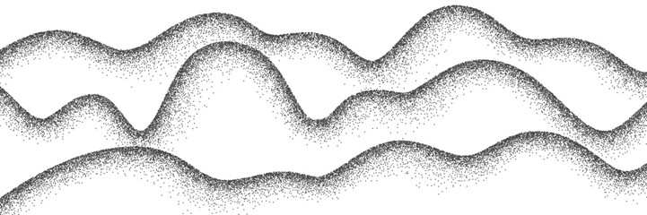 Grain wavy background. Dot stipple waves, black noise dotted lines with sand texture and grainy effect. Mountain, dessert, dune, water landscape. Abstract vector illustration.