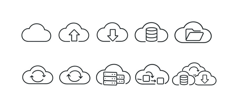 Minimal line icons illustrating cloud computing features including upload, download, database storage, folders, synchronization, servers, and migration
