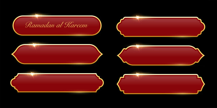 Ramadan frames. Islamic frames with gold borders shown as red decorative labels in traditional Arabian shapes. Set of banners for Ramadhan and oriental festive design. Luxury vector illustration.