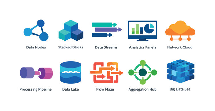 Colorful vector set of big data and analytics icons featuring nodes, data lake, processing pipeline, streams, dashboards, cloud networking, and datasets
