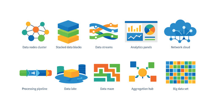 Colorful data management and analytics icon set showing cluster nodes, stacked blocks, streams, dashboards, cloud networking, pipeline, lake, maze and aggregation