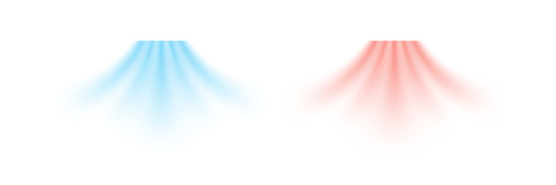 Cool airflow and warm air flow appear as soft blue and red gradients spreading downward. Colors create smooth motion effect on clean white background. Modern realistic vector illustration.