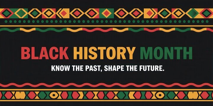 Black history month celebration banner with panafrican colors and cultural patterns, know the past shape the future message