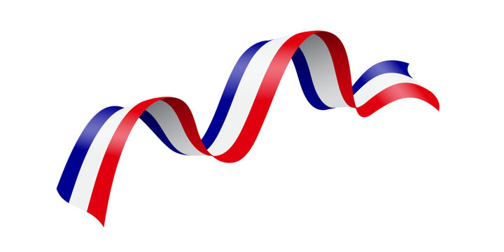 France flag ribbon in blue, white, red colors. Wavy tricolor banner with dynamic curves, symbolizing French national pride and celebration. Patriotic festive decoration. Realistic vector illustration.
