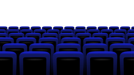 Cinema, theater chair screen background with rows of blue seats facing bright empty space. Movie atmosphere created by deep shadows and clean perspective. Seamless realistic vector illustration.