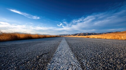 Scenic highway stretching towards distant mountains under a bright blue sky with wispy clouds