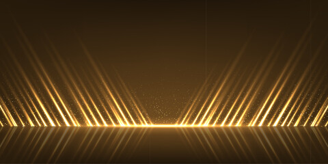 Fototapeta na wymiar Golden award stage background. Angled light beams rising from glowing horizon with sparkling particles and reflective surface. Elegant luminous luxury backdrop for presentation. Vector illustration.