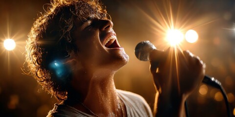 Young sweaty singer performing live on stage with microphone and lights