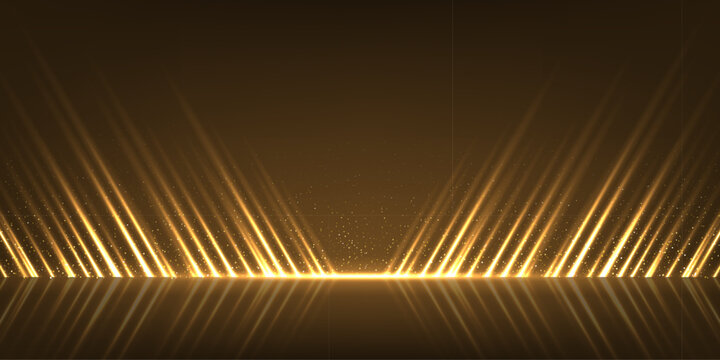 Golden award stage background. Angled light beams rising from glowing horizon with sparkling particles and reflective surface. Elegant luminous luxury backdrop for presentation. Vector illustration.