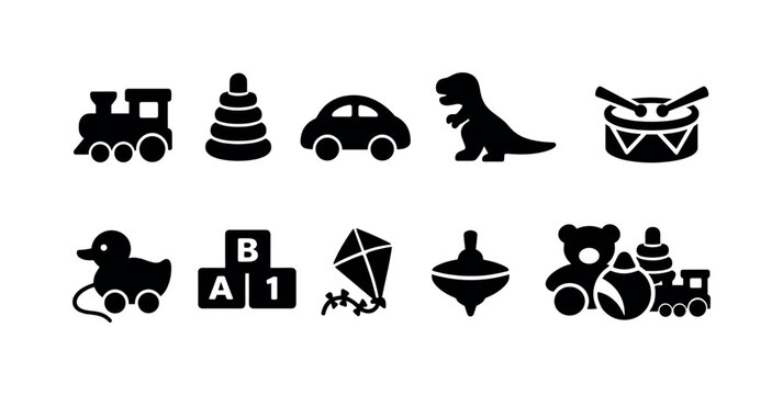 Set of black silhouette toy icons including train, stacking rings, car, dinosaur, drum, duck, alphabet blocks, kite, spinning top, teddy bear