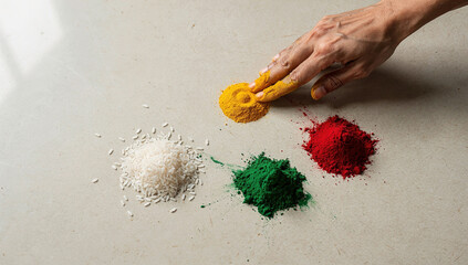 Ugadi celebration with traditional colors and ingredients on a flat surface in India