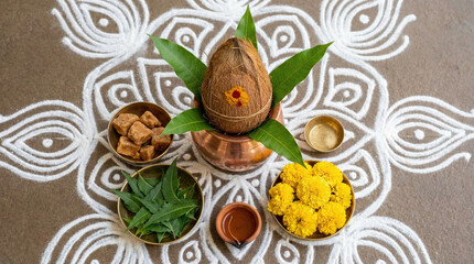 Celebrating Ugadi with traditional items and a beautiful flatlay setup in India
