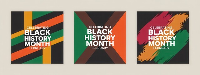 Set of three graphic designs celebrating black history month in february with panafrican colors and abstract elements