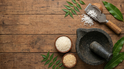 Ugadi celebration with traditional food ingredients and cultural items on a wooden table