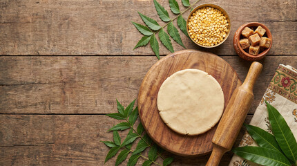 Ugadi celebration with traditional items on a wooden table for cultural significance in India