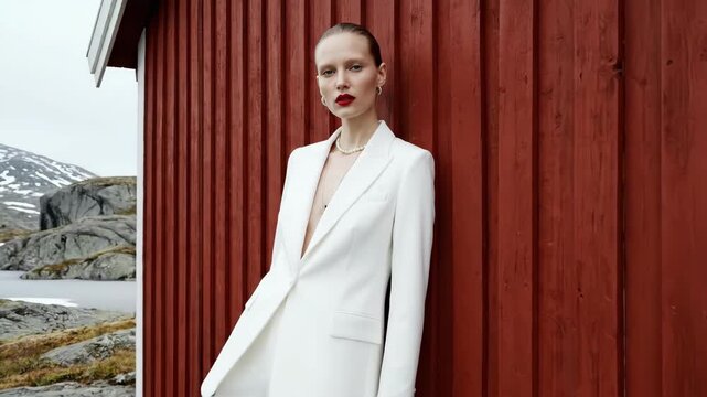 Caucasian woman in elegant white suit posing by red cabin in snowy landscape, fashion in nature footage
