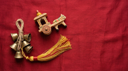 Celebration of Ugadi with traditional items in a flatlay on a red background in India