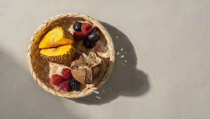 Ugadi festival flatlay with traditional fruits on a simple background in India