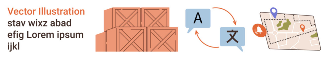 Global logistics, translation services, localization processes, transportation, international trade, navigation tools. Stacked cargo boxes, language icons map with location markers. Logistics