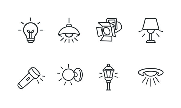 Minimal line icon set of lighting devices including lightbulb, ceiling lamp, studio spotlight, table lamp, flashlight, sconce, streetlamp, and downlight