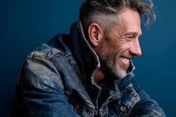 Obraz premium grinning man in his 50s sporting a rugged denim jacket isolated on solid color backdrop