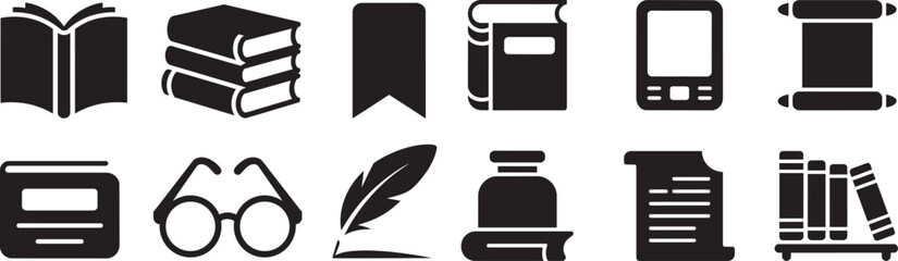 Education knowledge and literature icons set illustration various learning and reading materials silhouette collection