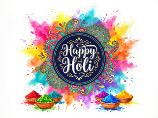 Happy holi greetings design with vibrant water color and  colorful powder on white background