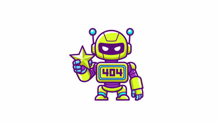 Fototapeta premium Cute Neon Robot Mascot Holding a Star, Displaying 404 Error. Futuristic AI Assistant Vector Graphic for Web Design and Gaming.