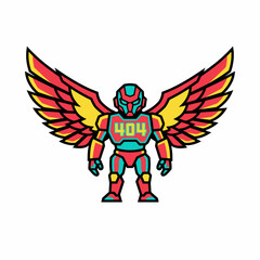 Obraz premium Vibrant 404 Error Robot Mascot with Wings - Futuristic Vector Illustration for Web Design