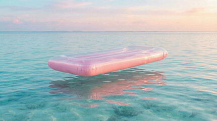 Pink inflatable pool float drifting on turquoise ocean at golden hour sunset