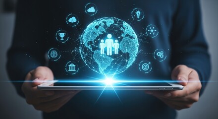 Global Business Network Technology Concept: Man Holding Tablet Displaying Worldwide Digital Connections and Teamwork