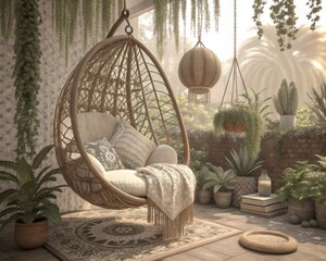 Obraz premium Bohemian rattan hanging chair with macrame detail, adorned with plush cushions and a cozy blanket, set in a lush, sun-drenched garden oasis.