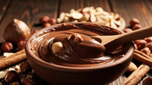 Glossy chocolate hazelnut spread in a bowl with a wooden spoon and scattered hazelnuts and cinnamon sticks
