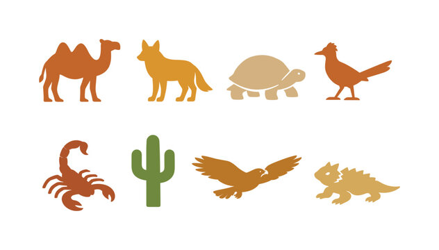 Colorful desert wildlife silhouette icons featuring camel, coyote, tortoise, roadrunner, scorpion, cactus, soaring eagle, and lizard