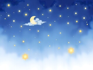 simple illustration of cute and cozy of starry night sky on a watercolor background shades of deep blues and purples with yellow and orange for fantasy