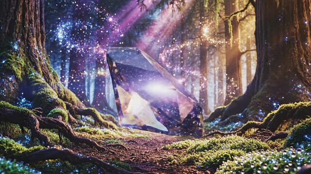Forest path with ancient trees, mossy roots, ethereal sparkles, and a celestial orb shimmering with galaxy