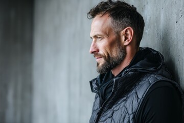 Fototapeta premium tender man in his 40s dressed in a thermal insulation vest on empty modern loft background
