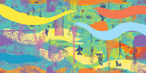 Urban abstract vector texture with hand drawn brush strokes and halftone pattern. Cyber punk poster . Textured background, graffiti art.